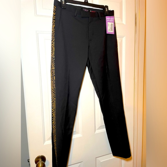 Twisted Tailor Men’s Black Skinny Suit Trouser Gold Foil Print Stripe Sz 28S NEW - Picture 1 of 10
